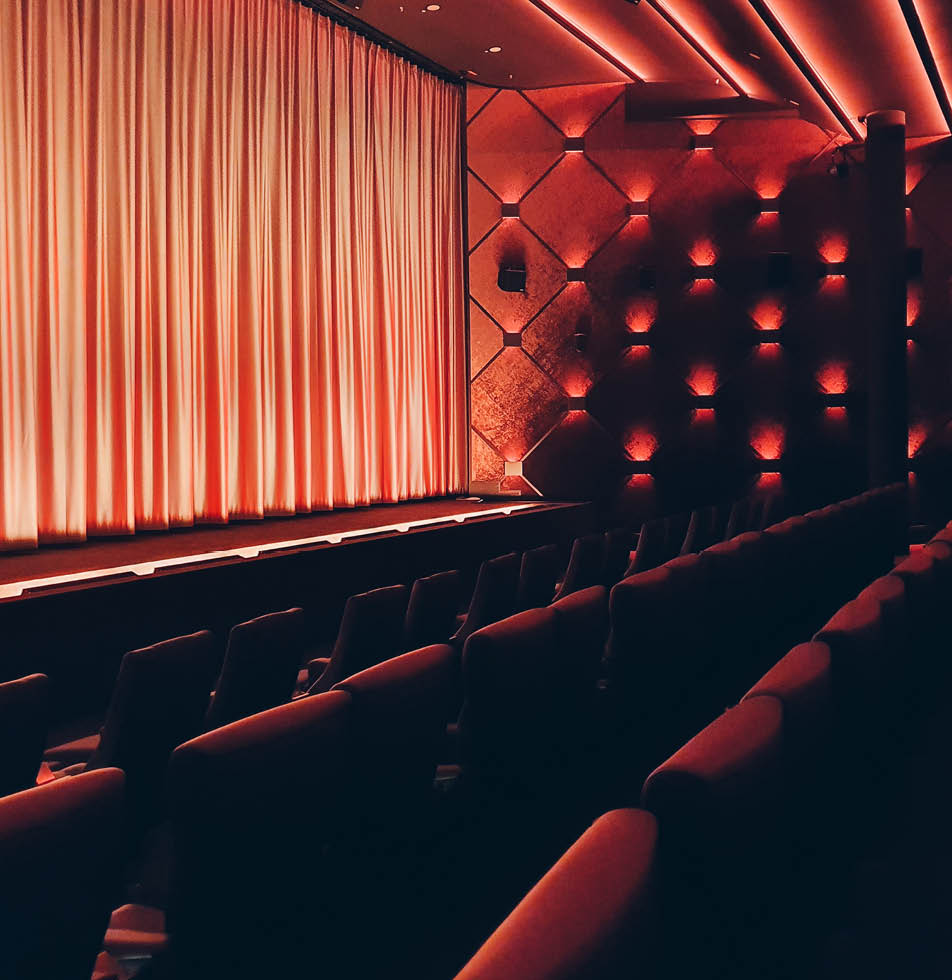 Red conference room with dimmed lights